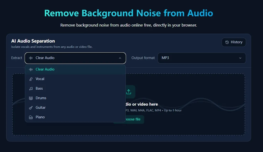 DeVoice Voice Isolator upload interface with the Choose File button and supported format limits