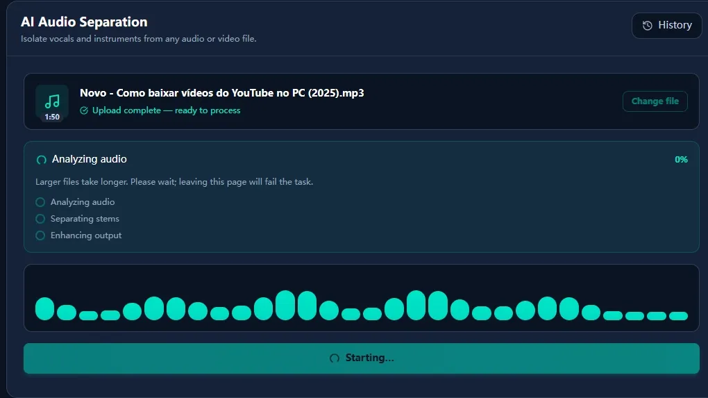 DeVoice Voice Isolator processing screen with a progress bar and Cancel button