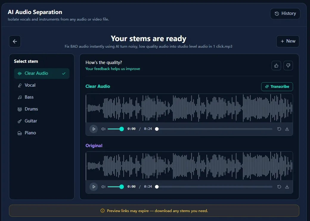 DeVoice Voice Isolator results showing Origin, Vocal, and Instrumental tracks with preview and download controls