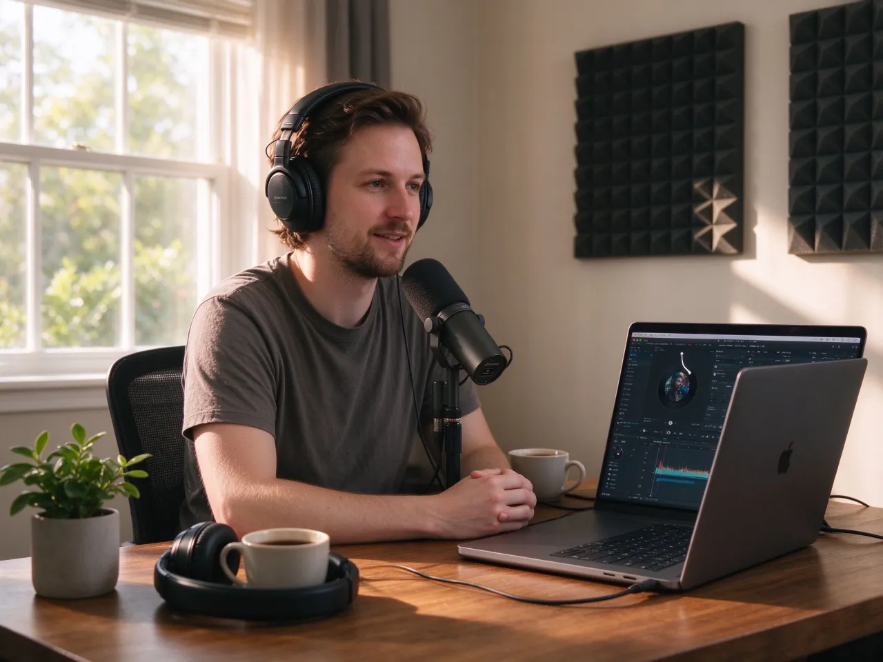 Podcaster a melhorar uma gravação de home studio com IA
